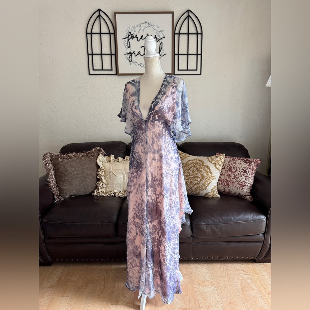 FOXIEDOX Purple Tie Dye Maxi Asymmetrical Dress Flowing Cap Sleeves Size S Boho - Picture 4 of 12